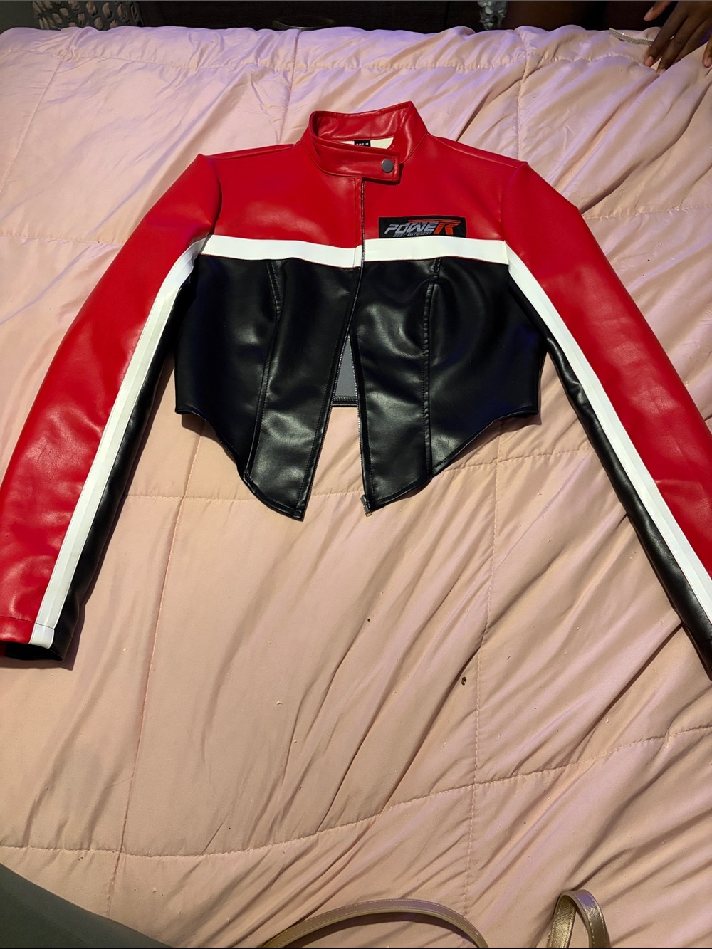 SHEIN Red, Black & White Cropped Faux Leather Moto Jacket